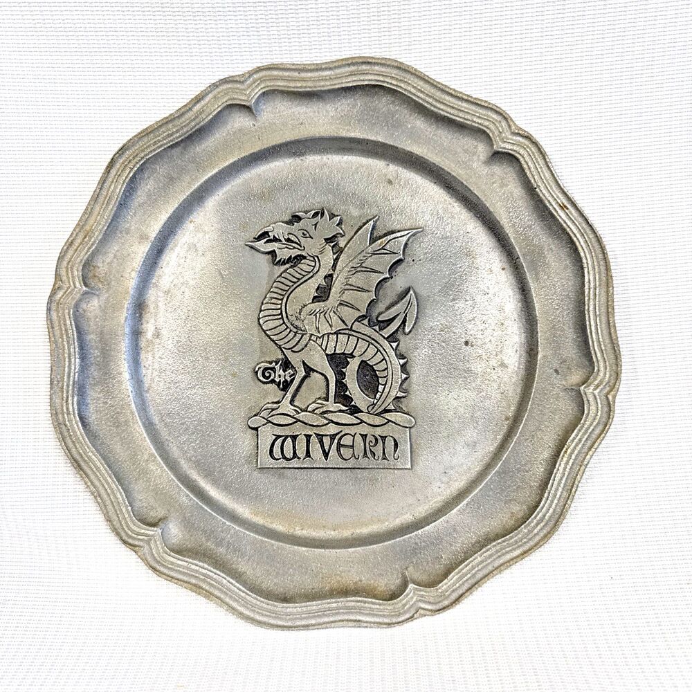 Vintage Wivarn Pewter Dinner Plate - Mystical Wyvarn Winged Dragon